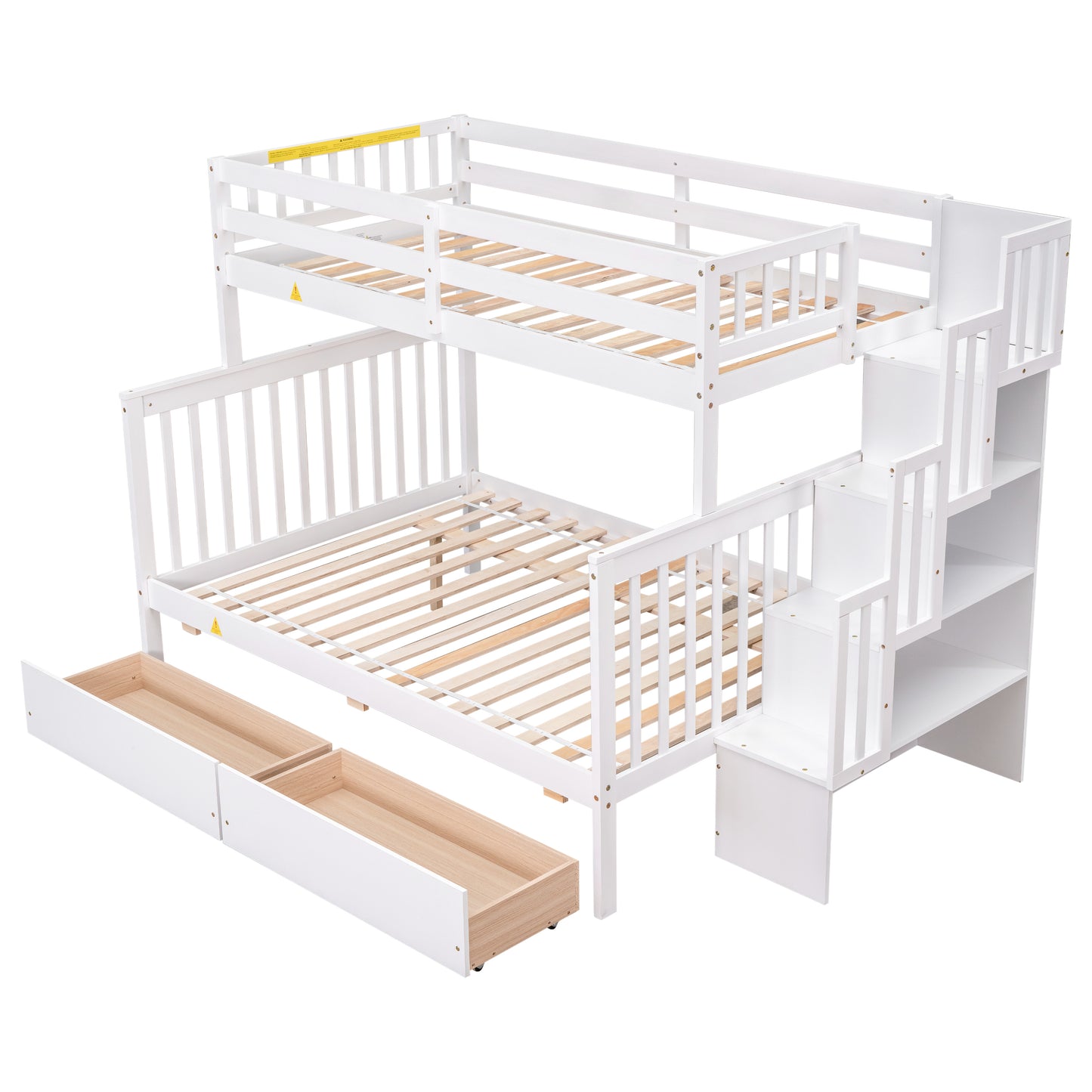 Twin Over Full Bunk Bed with 2 Drawers and Staircases, Convertible into 2 Beds, the Bunk Bed with Staircase and Safety Rails for Kids, Teens, Adults, White