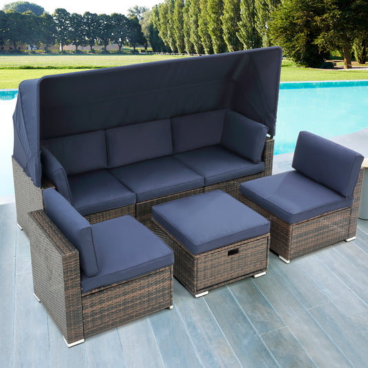 7Pcs Outdoor Garden Patio Furniture  PE Rattan Wicker  Sectional Cushioned Sofa Sets with 2 Pillows and Coffee Table with roof