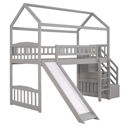 Twin Loft Bed with Two Drawers and Slide, House Bed with Slide,Gray (OLD SKU:LP000030AAE)