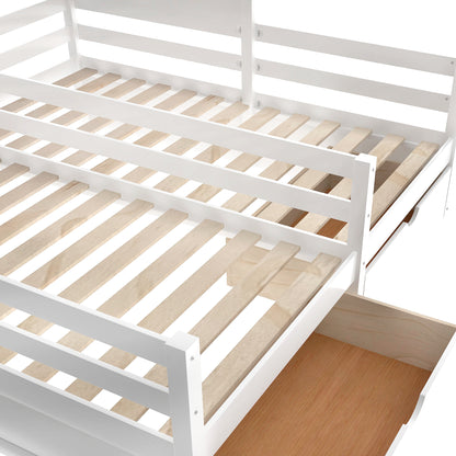 Twin Size House Platform Beds with Two Drawers for Boy and Girl Shared Beds, Combination of 2 Side by Side Twin Size Beds, White