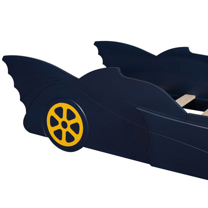 Twin Size Race Car-Shaped Platform Bed with Wheels,Blue+Yellow