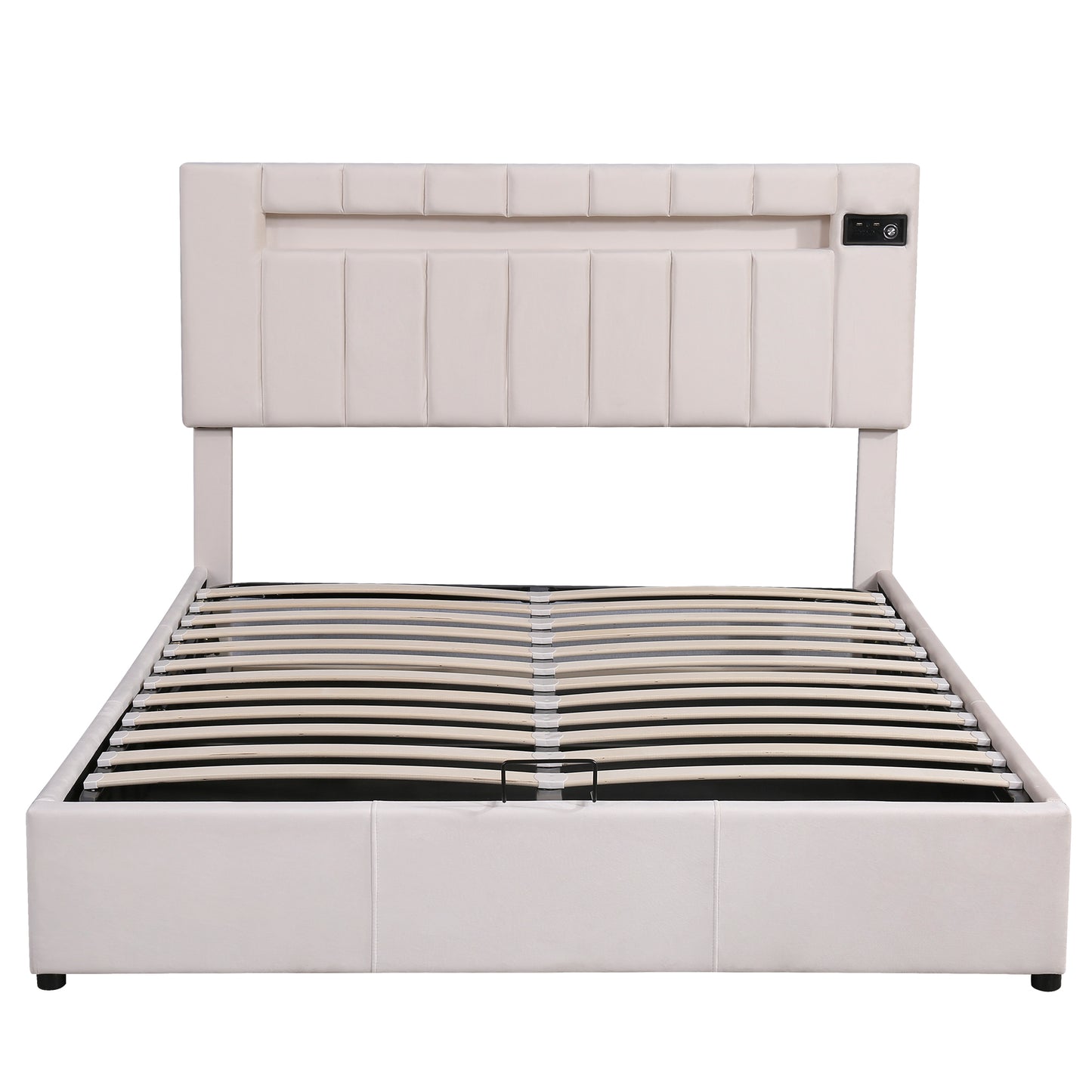 Upholstered Bed Queen Size with LED light, Bluetooth Player and USB Charging, Hydraulic Storage Bed in Beige Velvet Fabric