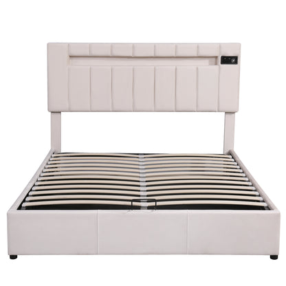 Upholstered Bed Queen Size with LED light, Bluetooth Player and USB Charging, Hydraulic Storage Bed in Beige Velvet Fabric