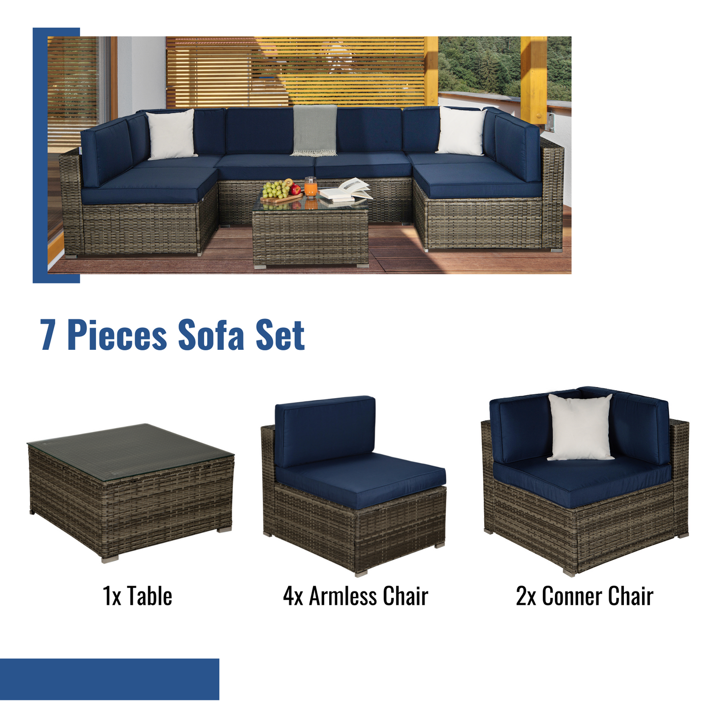 Outdoor Garden Patio Furniture 7-Piece Dark Gray PE Rattan Wicker Sectional Navy Cushioned Sofa Sets with 2 Begie Pillows