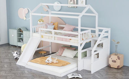 Twin over Full House Bunk Bed with Convertible Slide and Storage Staircase,Full-Length Guardrail,White