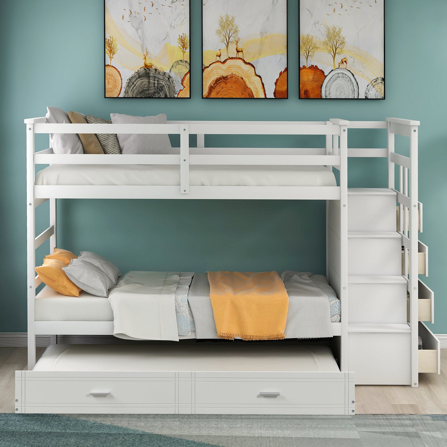 Solid Wood Bunk Bed, Hardwood Twin Over Twin Bunk Bed with Trundle and Staircase, Natural White Finish(OLD SKU :LP000068AAP)