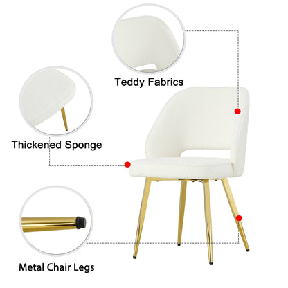 Modern Dining Chairs,Teddy Velvet Accent Chair, Living Room Leisure Chairs, Upholstered Side Chair with Golden Metal Legs for Dining Room Kitchen Vanity Patio Club Guest (Set of 2) （White  Chairs）