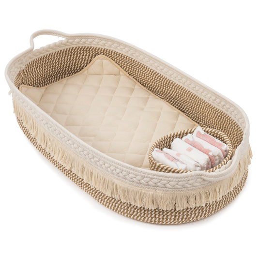 Baby Changing Basket, Handmade Woven Cotton Rope Moses Basket, Changing Table Topper with Mattress Pad(White&Brown)