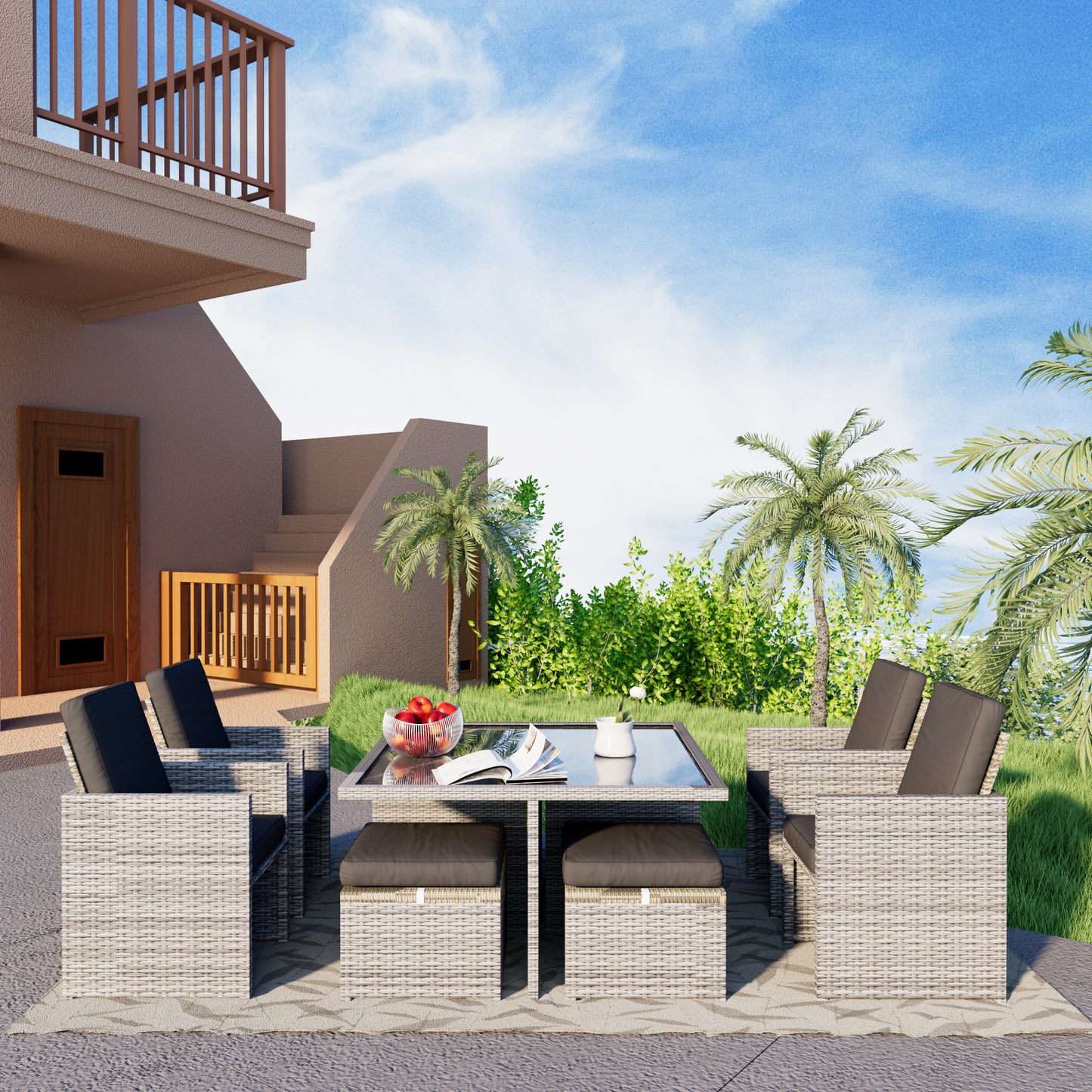 9 piece all-weather PE rattan terrace outdoor dining dialogue combination, with coffee table, chair, ottomans storage, removable cushion (light grey rattan, dark grey cushion)