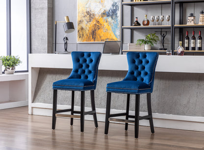 Set of 2 Upholstered Blue Velvet Bar stool with Solid Wood Legs