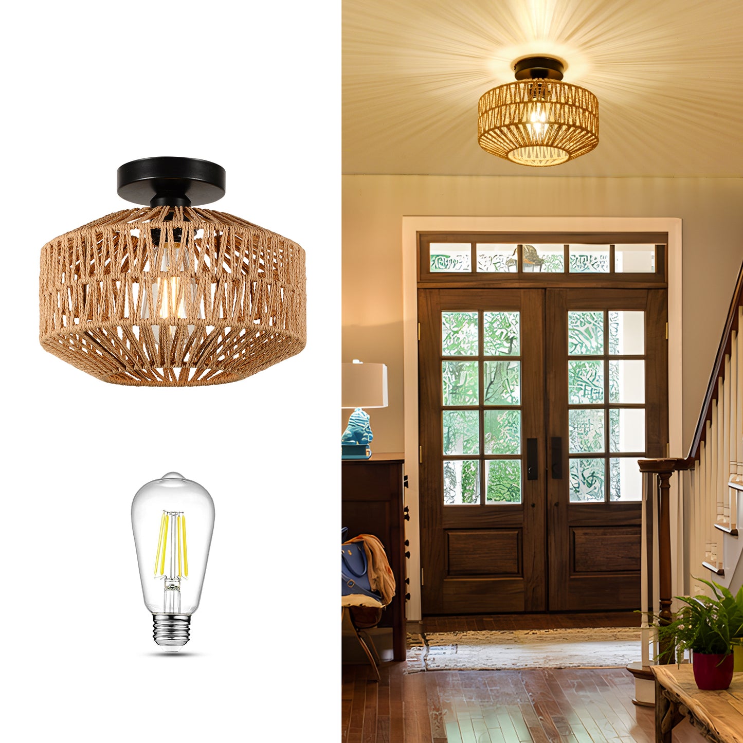 Mini Rattan Flush Mount  Light with Dimmable LED Bulb