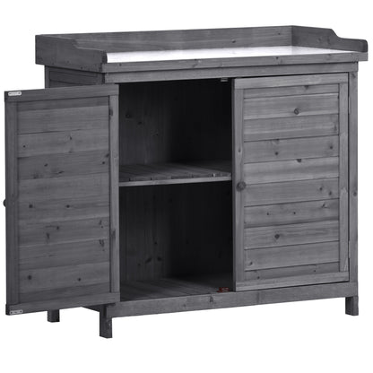 TOPMAX Outdoor 39" Potting Bench Table, Rustic Garden Wood Workstation Storage Cabinet Garden Shed with 2-Tier Shelves and Side Hook, Grey