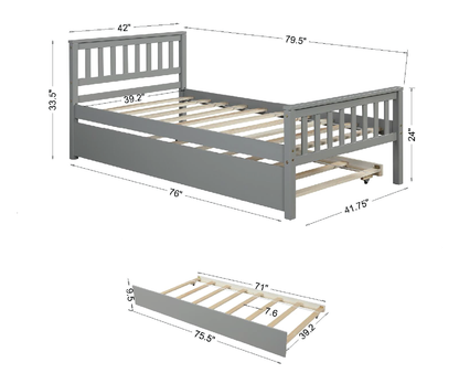 Twin Bed with Trundle, Platform Bed Frame with Headboard and Footboard, for Bedroom Small Living Space,No Box Spring Needed，Grey