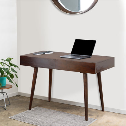 Mango Wood Writing Desk with Two Drawers and Tapered Legs, Brown