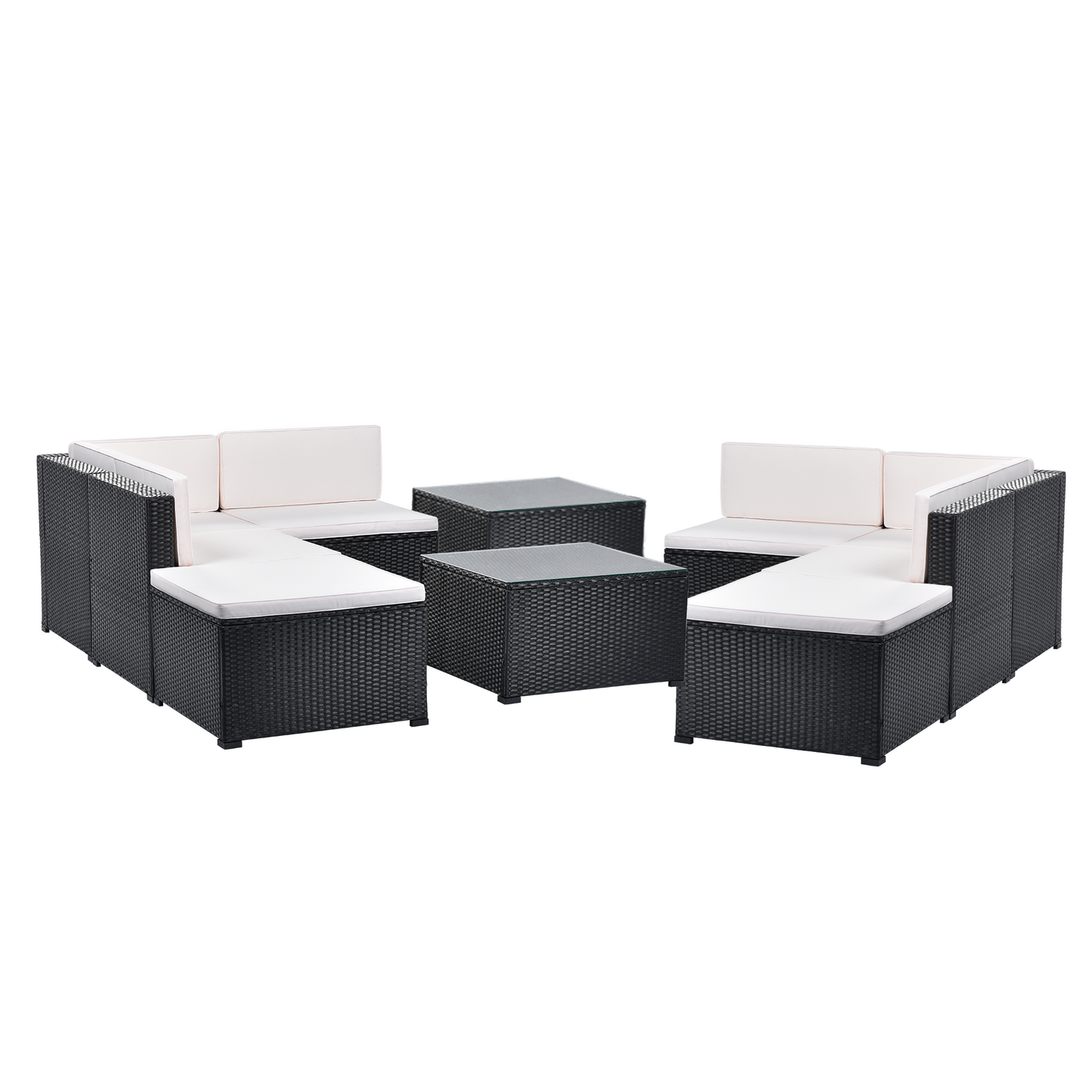 GO 10-Piece Patio Rattan PE Wicker Furniture Corner Sofa Set, with 4 Sofa chairs, 2 Corner chair, 2 ottoman and 2 glass coffee table, Sectional Sofa Chair, Seating, Lying(Black Wicker, Beige Cushion)