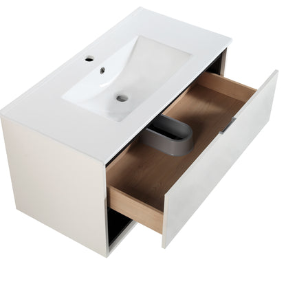 36 inches Wood Floating Bathroom Vanity Combo with Integrated Ceramic Sink and Soft Close Drawer