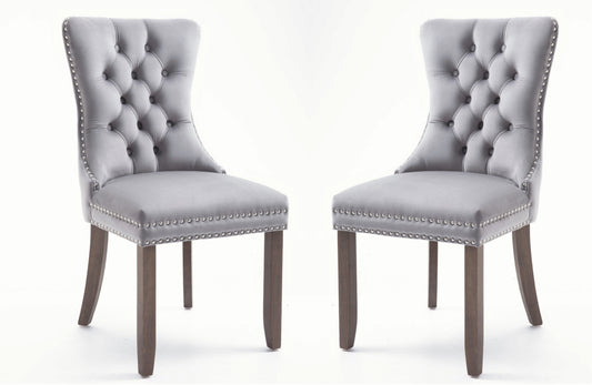 Upholstered Button Tufted Back Gray Velvet Dining Chair with Nailhead Trim and Solid Wood Legs 2 Sets