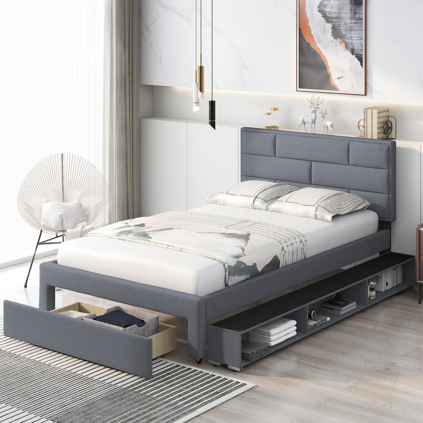 Full Size Linen Upholstered Platform Bed With a Drawer and Storage Shelves,Gray