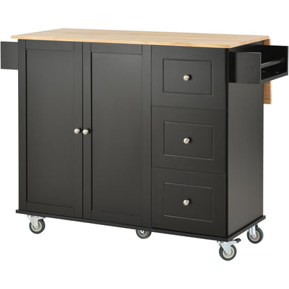 Rolling Mobile Kitchen Island with Solid Wood Top and Locking Wheels，52.7 Inch Width，Storage Cabinet and Drop Leaf Breakfast Bar，Spice Rack, Towel Rack & Drawer （Black）