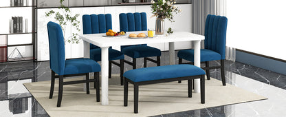 TREXM 6-Piece Dining Table Set with Marble Veneer Table and 4 Flannelette Upholstered Dining Chairs & Bench (White+Blue)