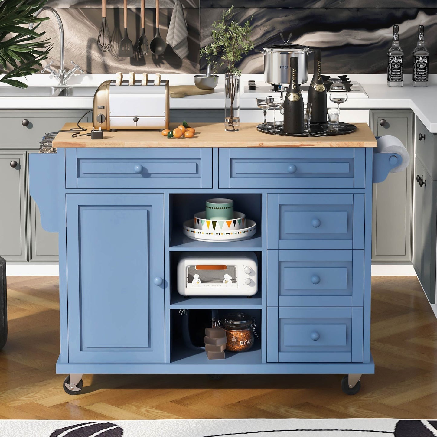 K&K kitchen cart with Rubber wood desktop rolling mobile kitchen island with storage and 5 draws 53 Inch width （Blue）