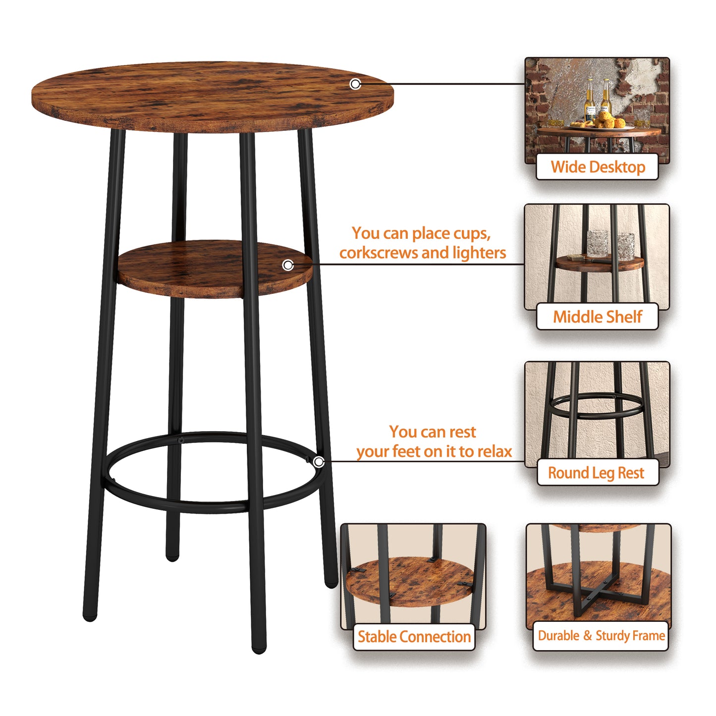 Double Layer Round Bar Table with 2 Bar Stools PU Soft Seat Back Breakfast table.(Rustic Brown,23.62’’w x 23.62’’d x 35.43’’h)