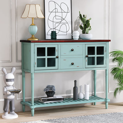 TREXM Sideboard Console Table with Bottom Shelf, Farmhouse Wood/Glass Buffet Storage Cabinet Living Room (Retro Blue)