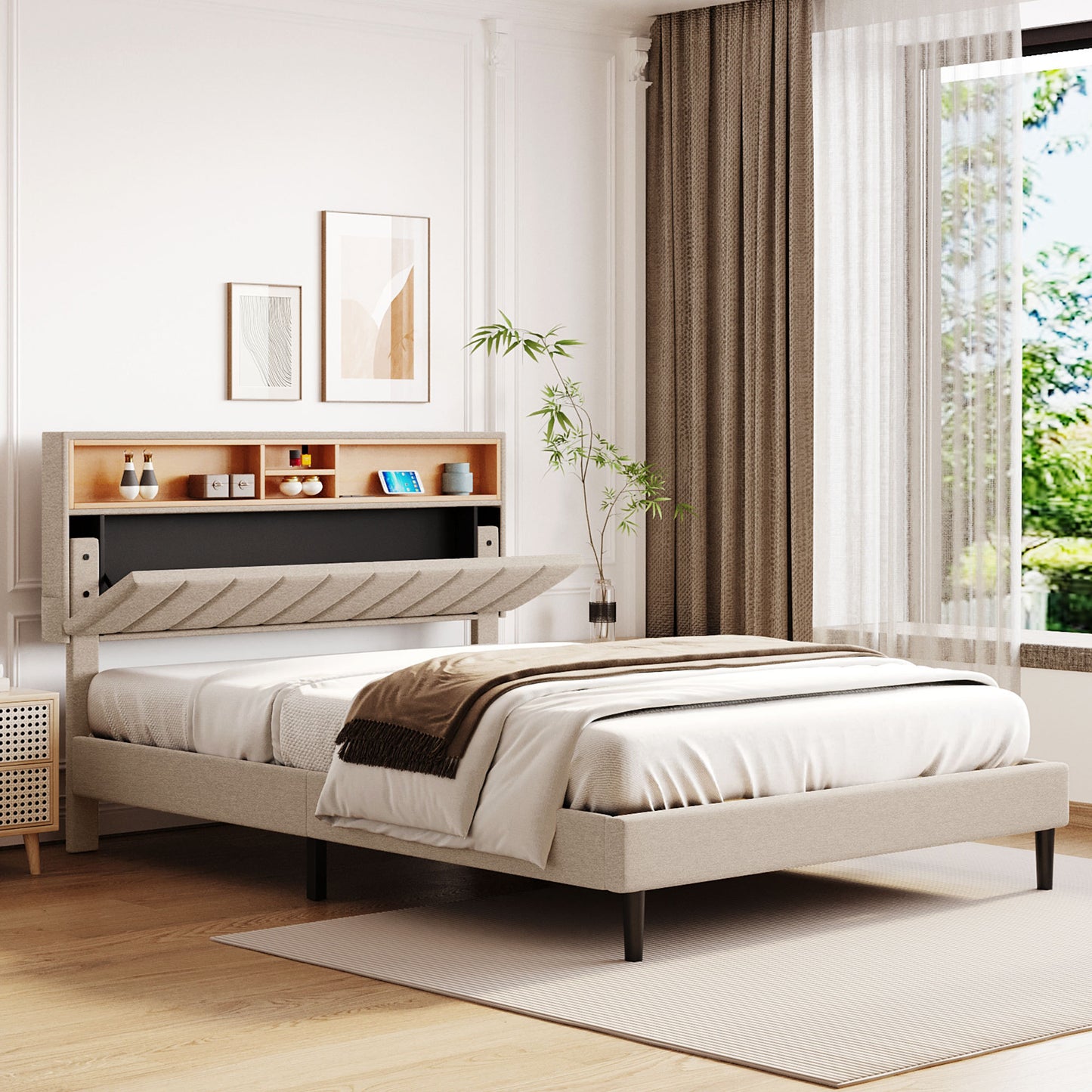 Queen Size Upholstered Platform Bed with Storage Headboard and USB Port,  Linen Fabric Upholstered Bed (Beige)