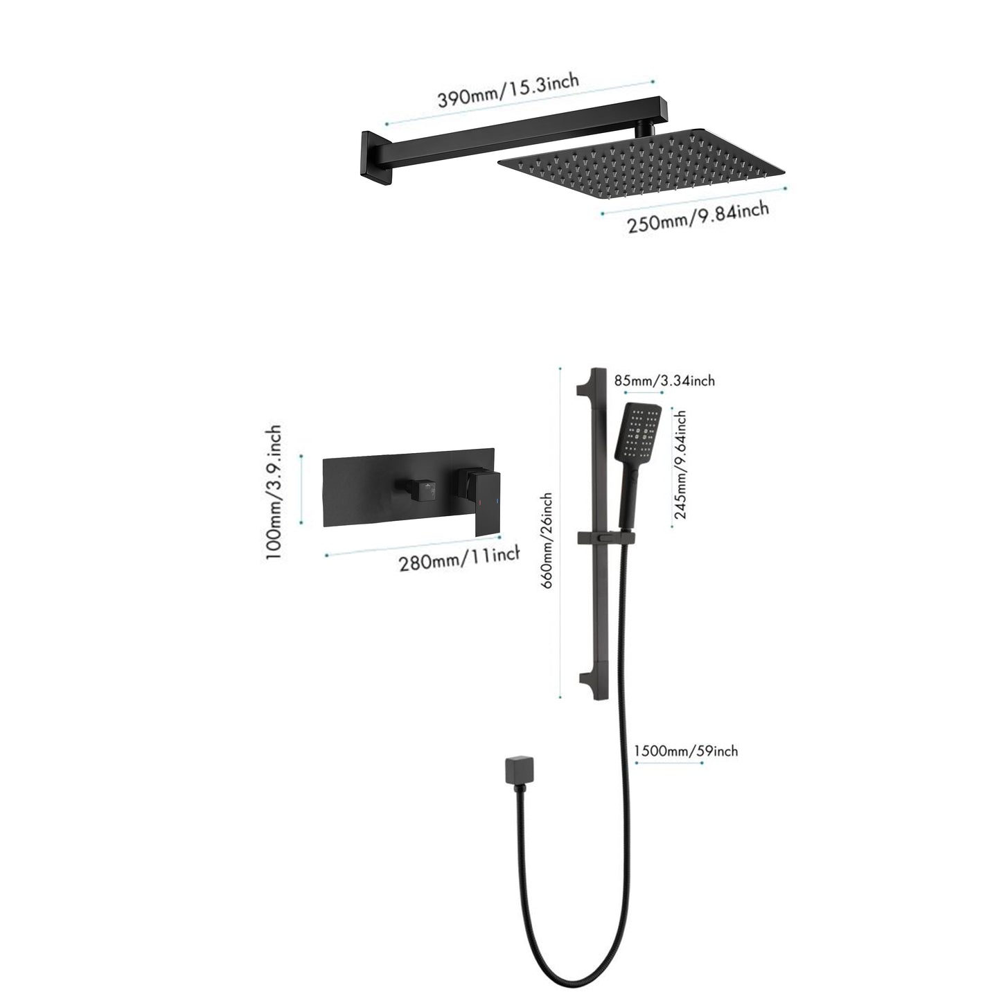 Shower System 10Inch Square Bathroom Luxury Rain Mixer Shower Combo Set Pressure Balanced Shower System with Shower Head, Hand Shower, Slide Bar, Shower Arm, Hose, and Valve Trim