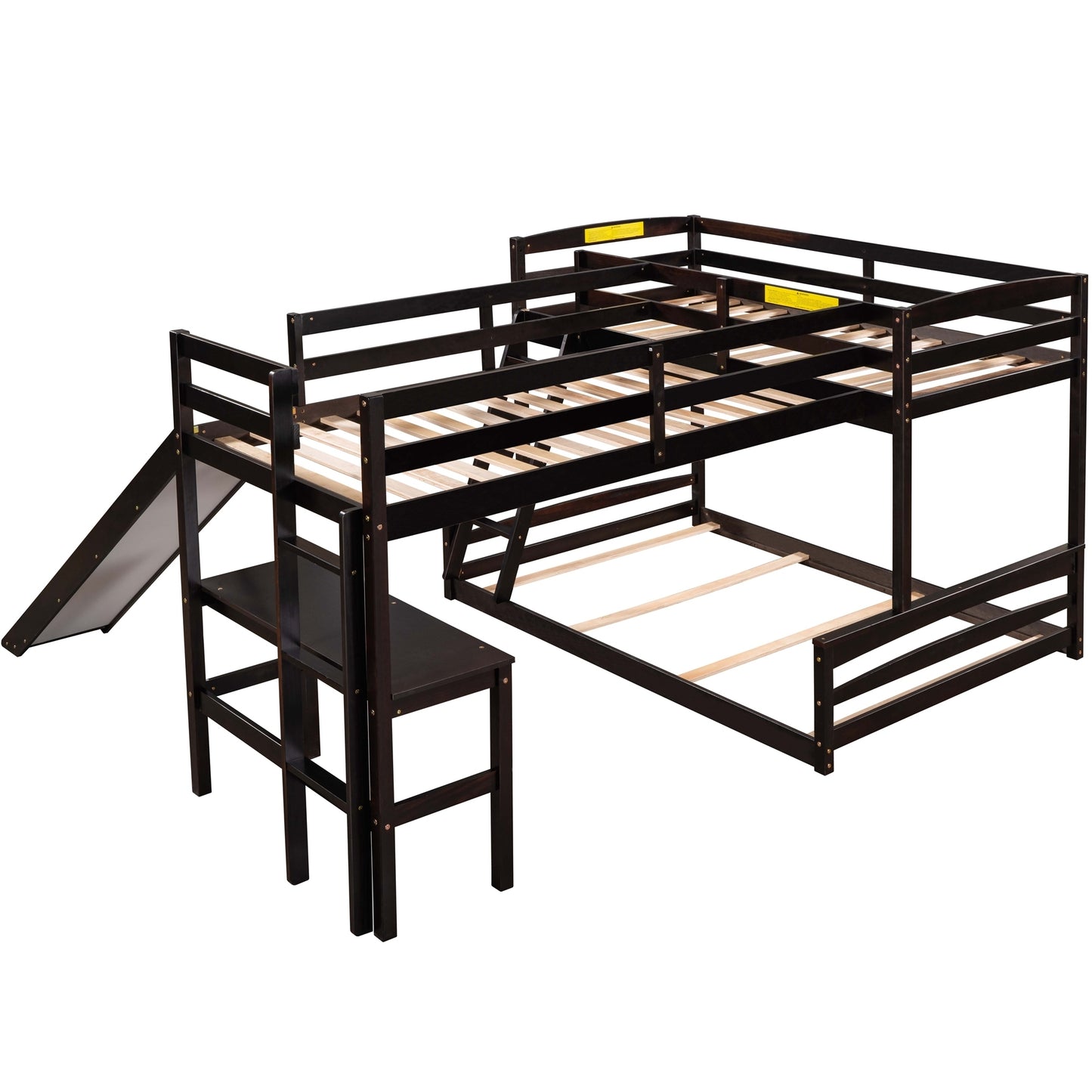 Twin over Full Bunk Bed with Twin Size Loft Bed with Desk and Slide,Full-Length Guardrail, Espresso