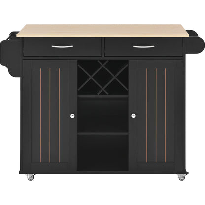 K&K Store Kitchen Island Cart with Two Storage Cabinets and Four Locking Wheels，Wine Rack, Two Drawers,Spice Rack, Towel Rack （Black）