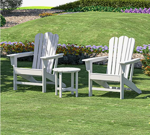 Combo for Family: 2 Plastic Adirondack Chairs & an Outdoor Side Table.  Outdoor Adirondack Chair Patio Lounge Chairs Classic Design (White)