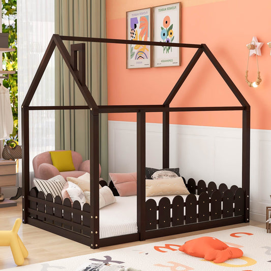 （Slats are not included) Full Size Wood Bed House Bed Frame with Fence, for Kids, Teens, Girls, Boys (Espresso )（OLD SKU:WF281294AAP）