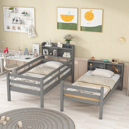 Twin Over Twin Bunk Beds with Bookcase Headboard, Solid Wood Bed Frame with Safety Rail and Ladder, Kids/Teens Bedroom, Guest Room Furniture, Can Be converted into 2 Beds, Grey