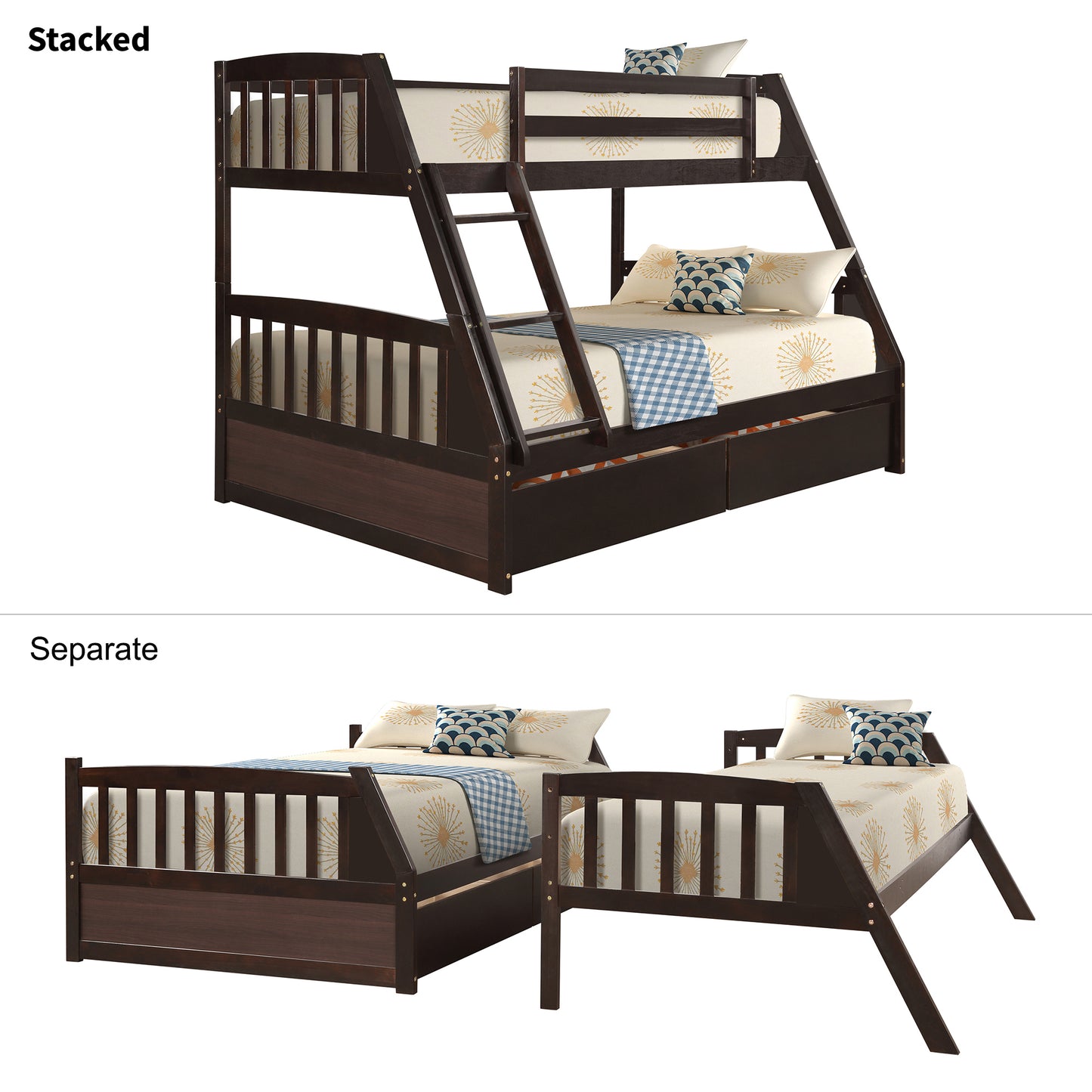 TOPMAX Solid Wood Twin Over Full Bunk Bed with Two Storage Drawers, Espresso