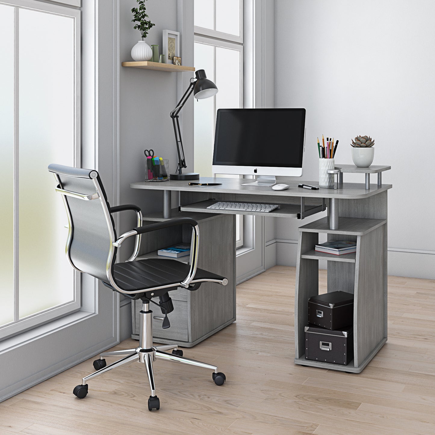 Techni Mobili Complete Computer Workstation Desk With Storage, Grey