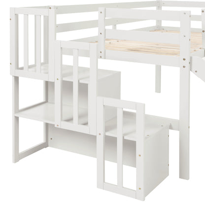 Loft Bed with Staircase, Storage, Slide, Twin size, Full-length Safety Guardrails, No Box Spring Needed, White \\\\n(Old Sku:W504S00004)