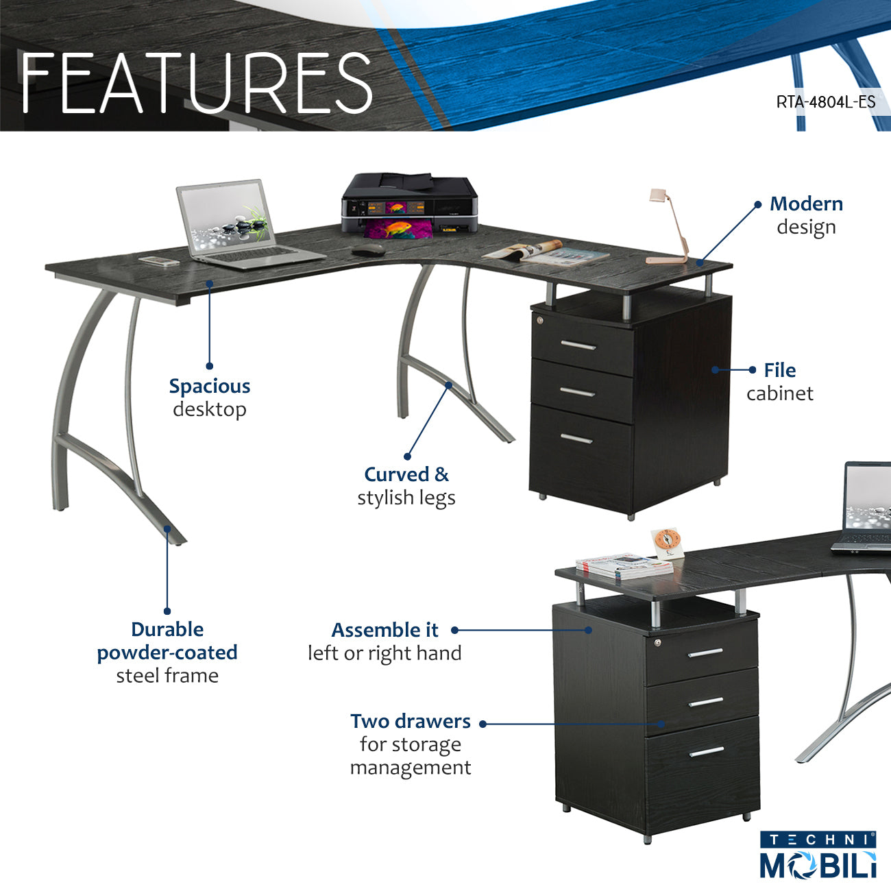 Techni Mobili Modern L- Shaped Computer Desk with File Cabinet and Storage, Espresso