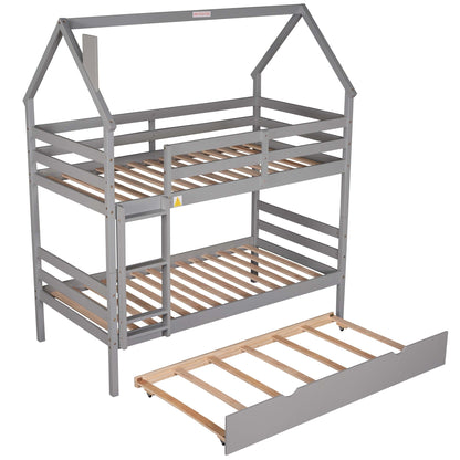 Twin over Twin House Bunk Bed with Trundle and Chimney Design,Gray