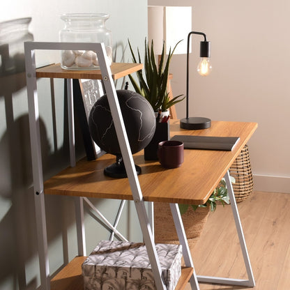 39.4"W X 19.5"D X 29.5"-46.3"H 4 Tier Storage Shelf Computer Desk, OAK & WHITE