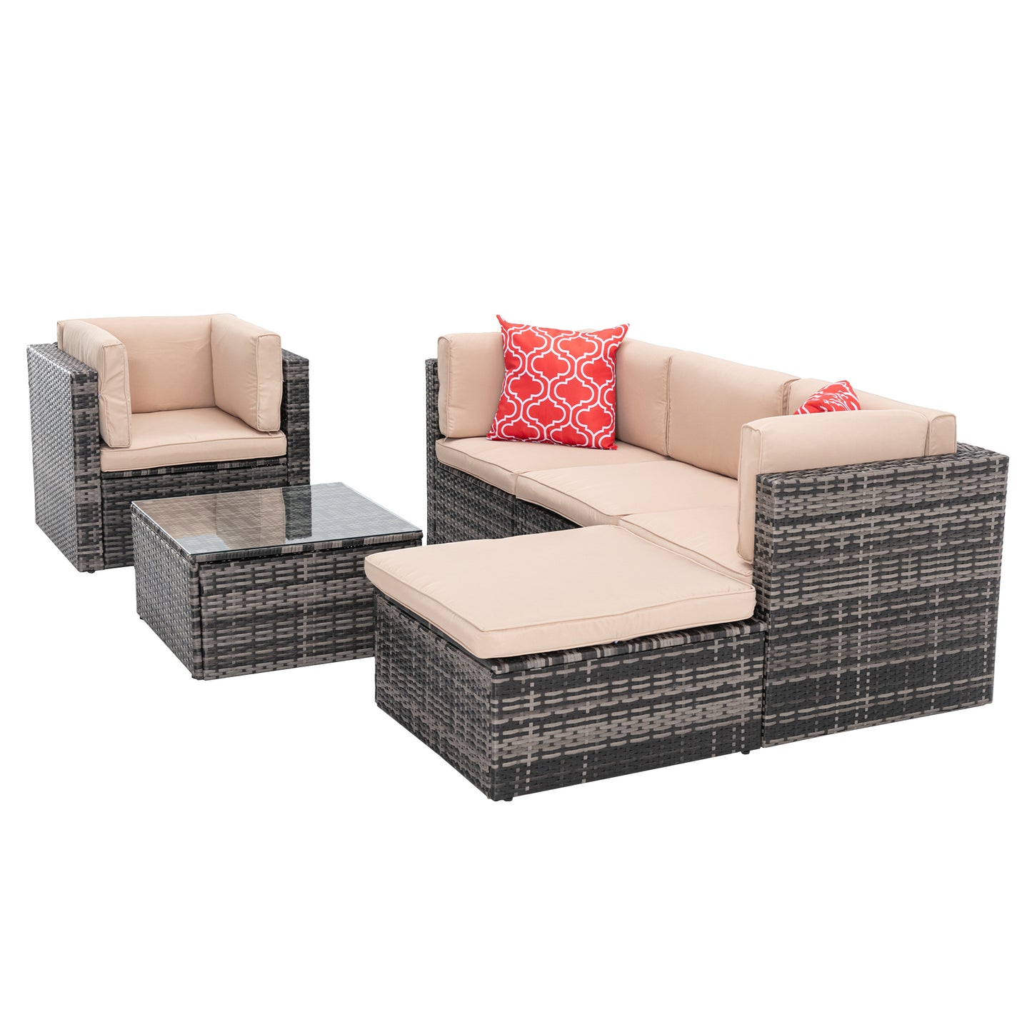 6Pcs Outdoor Garden Patio Furniture  PE Rattan Wicker  Sectional Cushioned Sofa Sets with 2 Pillows and Coffee Table