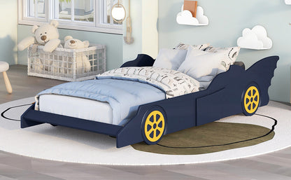 Twin Size Race Car-Shaped Platform Bed with Wheels,Blue+Yellow