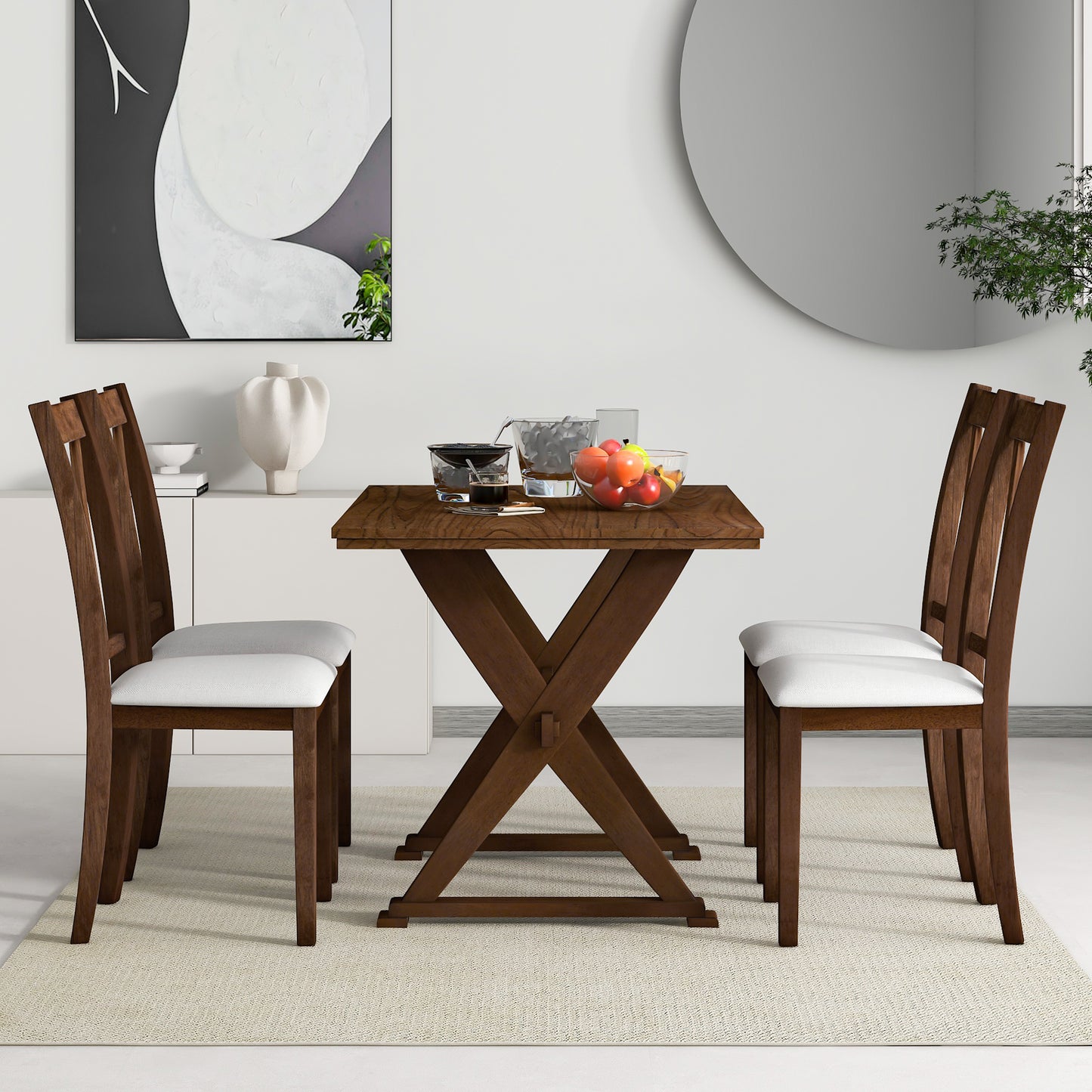 TOPMAX Mid-Century Wood 5-Piece Dining Table Set with 4 Upholstered Dining Chairs for Small Places, Antique Brown