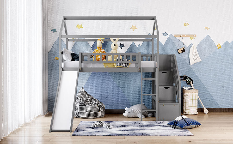 Twin Loft Bed with Two Drawers and Slide, House Bed with Slide,Gray (OLD SKU:LP000030AAE)
