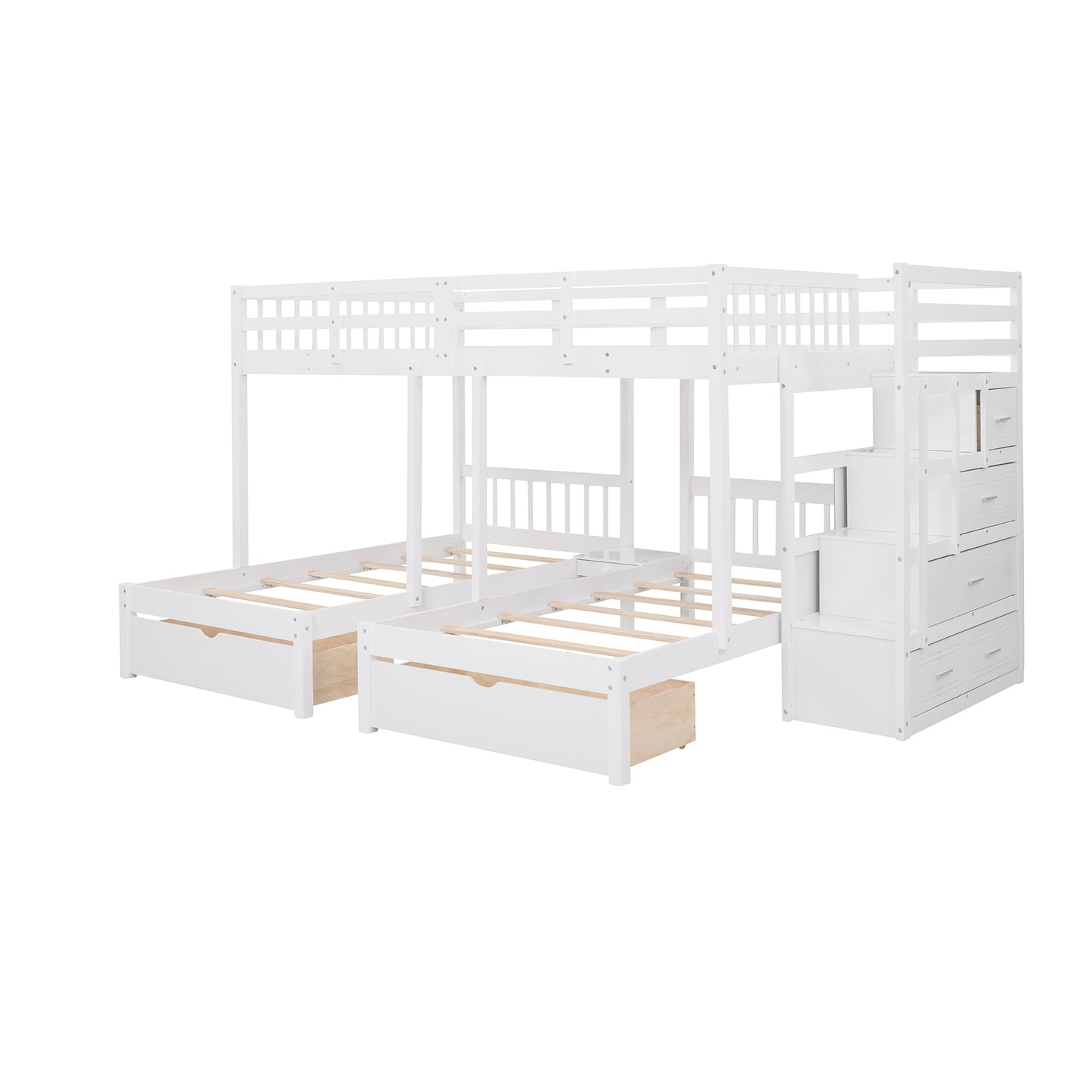 Full Over Twin & Twin Bunk Bed, Wood Triple Bunk Bed with Drawers and Guardrails (White)