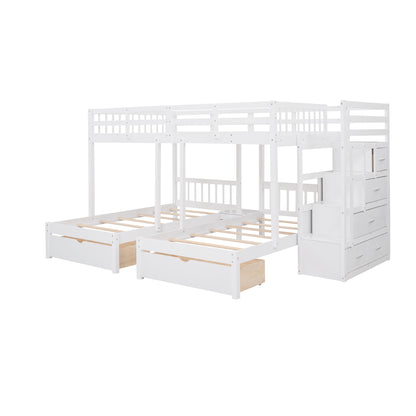 Full Over Twin & Twin Bunk Bed, Wood Triple Bunk Bed with Drawers and Guardrails (White)