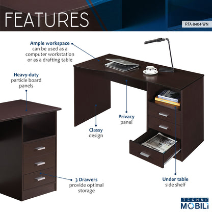 Techni Mobili Classic Computer Desk with Multiple Drawers, Wenge