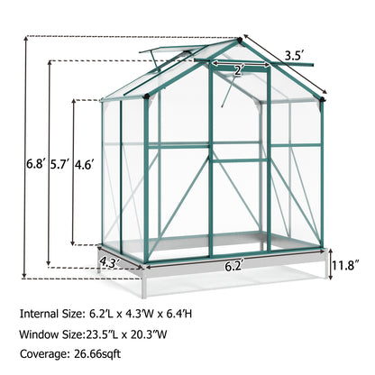 TOPMAX Upgraded Outdoor Patio 6.2ft Wx4.3ft D Greenhouse, Walk-in Polycarbonate Greenhouse with 2 Windows and Base,Aluminum Hobby Greenhouse with Sliding Door for Garden, Backyard, Green