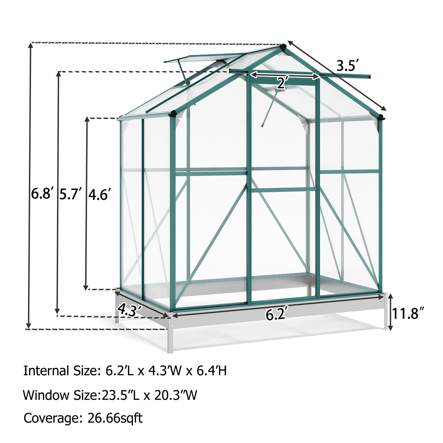 TOPMAX Upgraded Outdoor Patio 6.2ft Wx4.3ft D Greenhouse, Walk-in Polycarbonate Greenhouse with 2 Windows and Base,Aluminum Hobby Greenhouse with Sliding Door for Garden, Backyard, Green