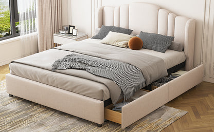 Upholstered Platform Bed with Wingback Headboard and 4 Drawers, No Box Spring Needed, Linen Fabric, Queen Size Beige